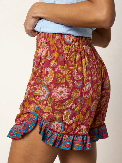 Get Up & Go Ruffle Shorts - Sunnyfield Floral Red