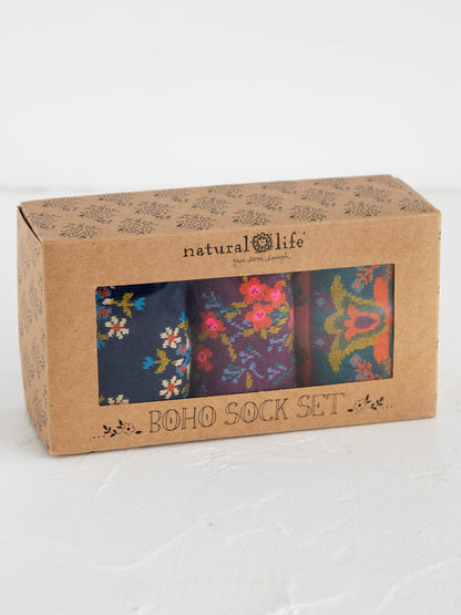 Boxed Boho Sock Set, Set of 3 - Plum Floral