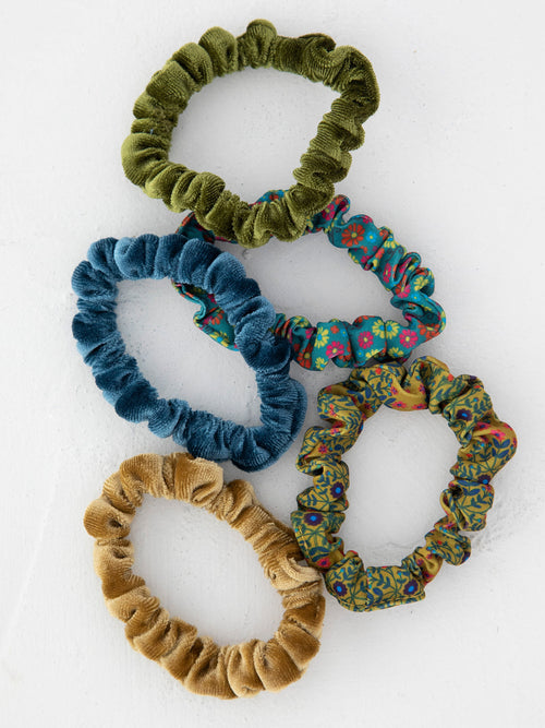 Print and Velvet Scrunchies, Set of 5 - Sage