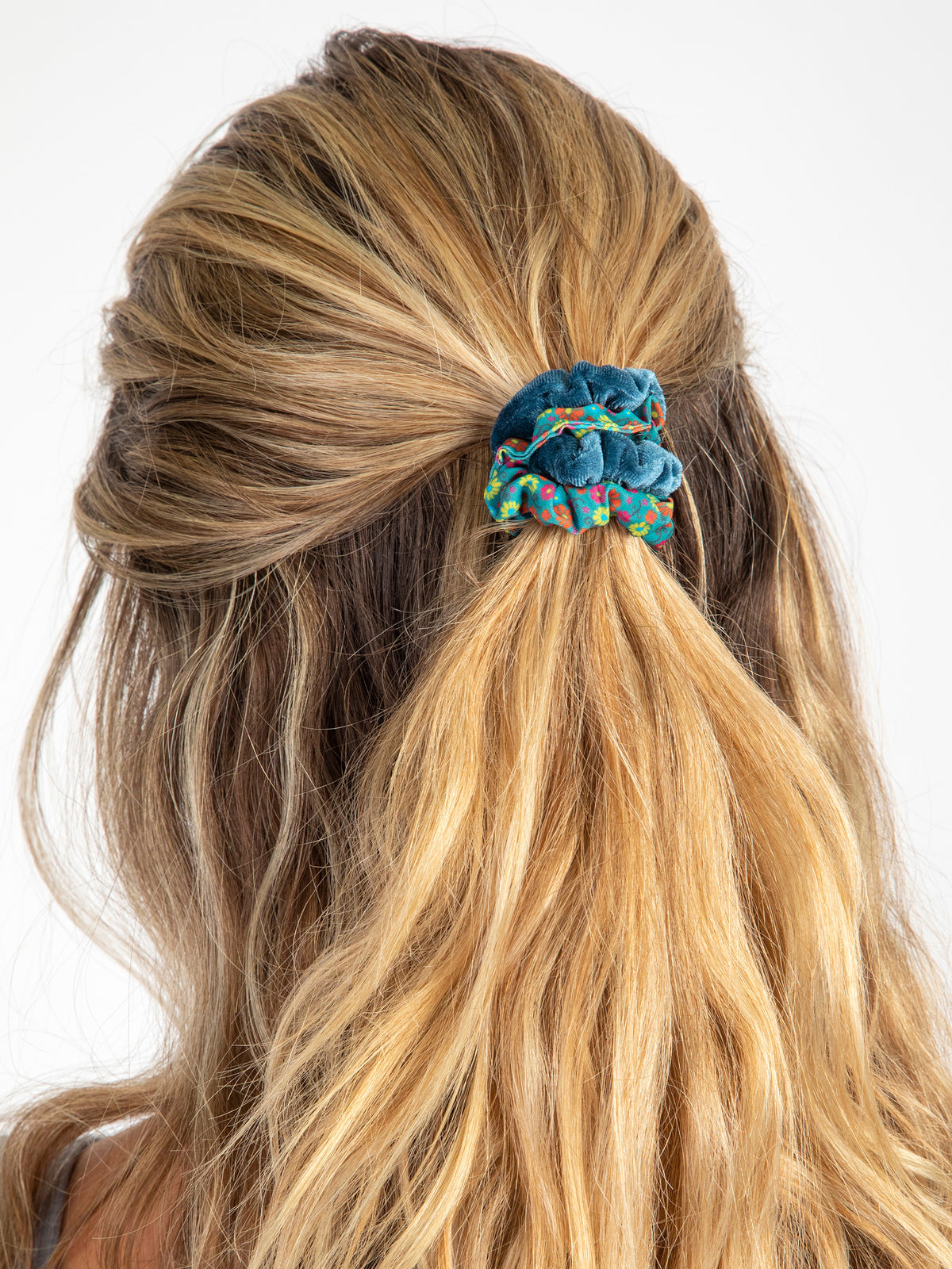 Print and Velvet Scrunchies, Set of 5 - Sage