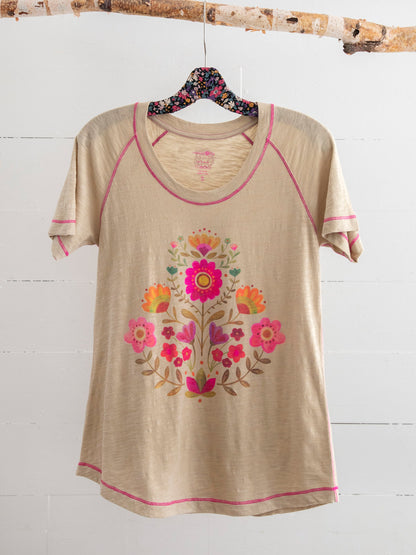 Boho Cotton Tee Shirt - Cream Folk Flower