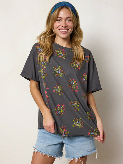 Take It In Cotton Tee - Charcoal Folk Flower