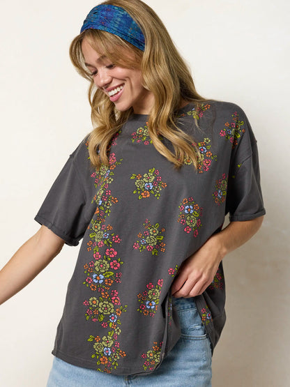 Take It In Cotton Tee - Charcoal Folk Flower