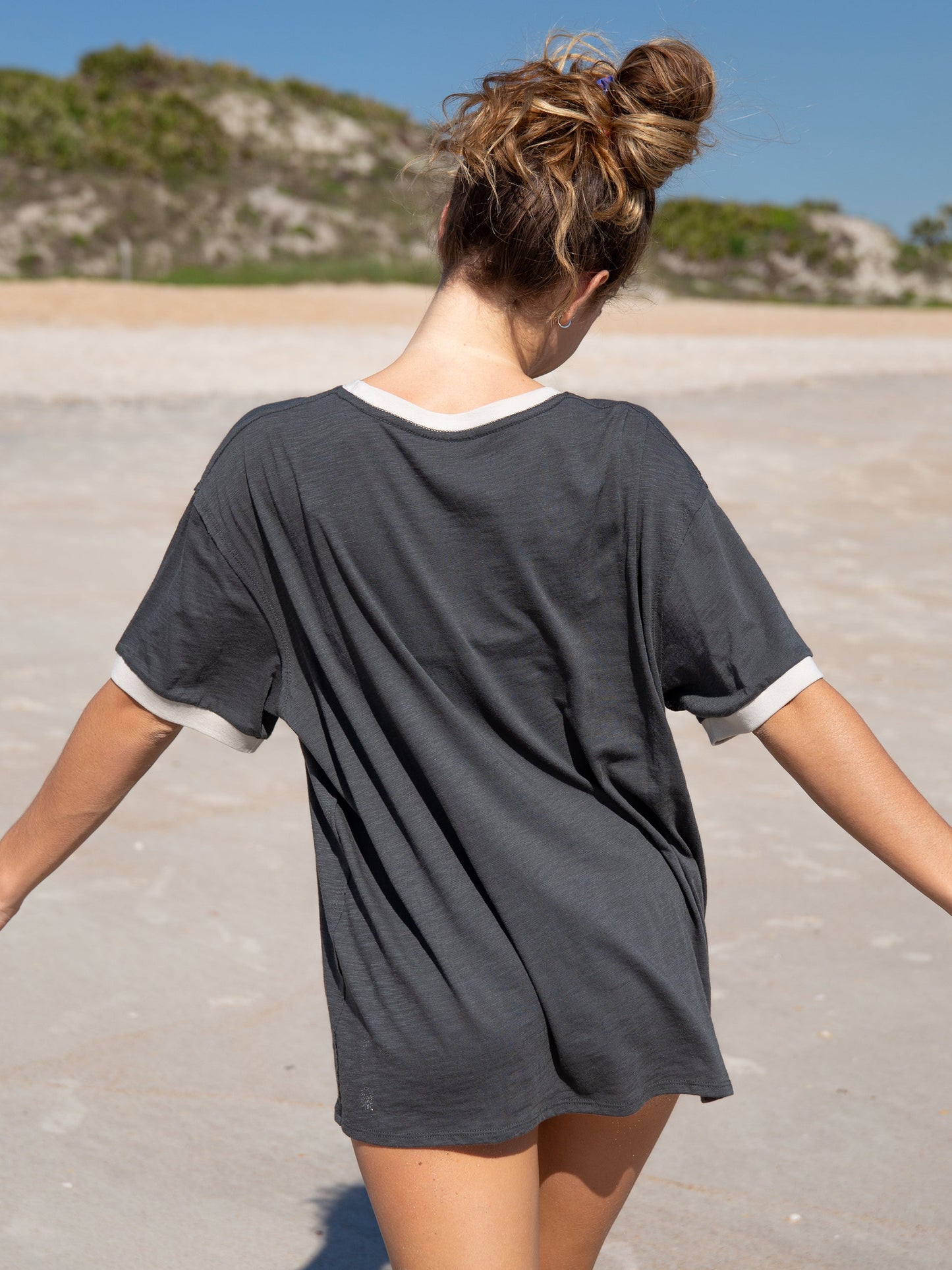 Ringer Oversized Tee Shirt - Charcoal Smiley
