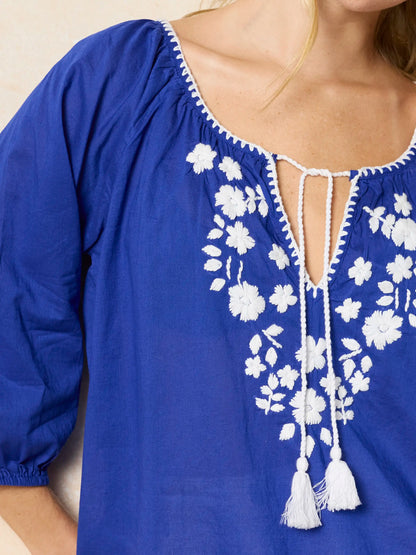 Christy Embroidered Cotton Blouse - Royal Blue